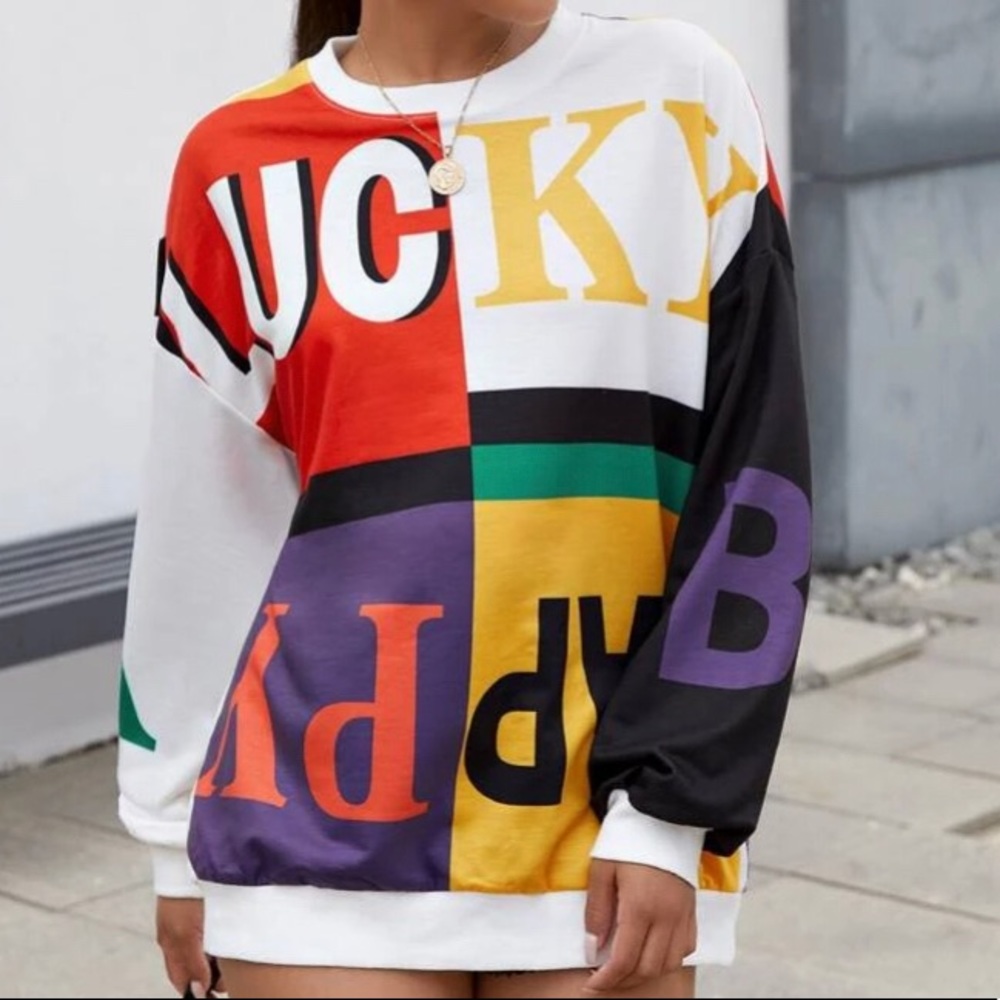 Graphic Colorblock Crewneck Pullover Sweatshirt
